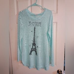 Light Aqua Scoop Neck Jerry Leigh Knit Sweater with Eiffel Tower Graphic